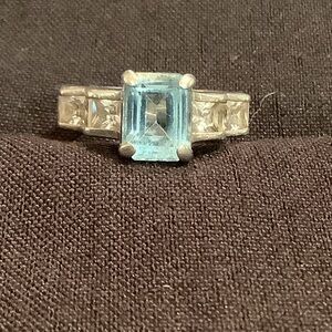 Blue Emerald-Cut Gemstone Ring with Side Stones - Women Jewelry